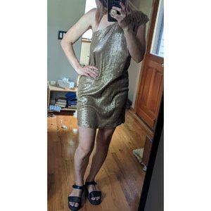 Michael Kors Gold Sequin One Shoulder Mini Dress, Size Medium